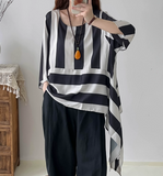 Summer Style Blouse, Striped Top Irregular T-shirt 2233