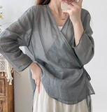 Long Sleeve loose Summer Women Linen Tops 2207