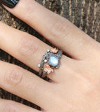 Natural Moonstone Ring Set,Twig and Maple Leaf Moss Agate Ring Wedding Ring