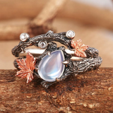 Natural Moonstone Ring Set,Twig and Maple Leaf Moss Agate Ring Wedding Ring