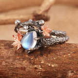 Natural Moonstone Ring Set,Twig and Maple Leaf Moss Agate Ring Wedding Ring