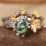 Natural Pear Moss Agate Ring Set Unique Green Moss Agate Tree Branch Ring Twig and Leaf Ring Maple Leaf Ring Agate Leaf Engagement Ring