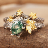 Natural Pear Moss Agate Ring Set Unique Green Moss Agate Tree Branch Ring Twig and Leaf Ring Maple Leaf Ring Agate Leaf Engagement Ring
