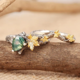Natural Pear Moss Agate Ring Set Unique Green Moss Agate Tree Branch Ring Twig and Leaf Ring Maple Leaf Ring Agate Leaf Engagement Ring