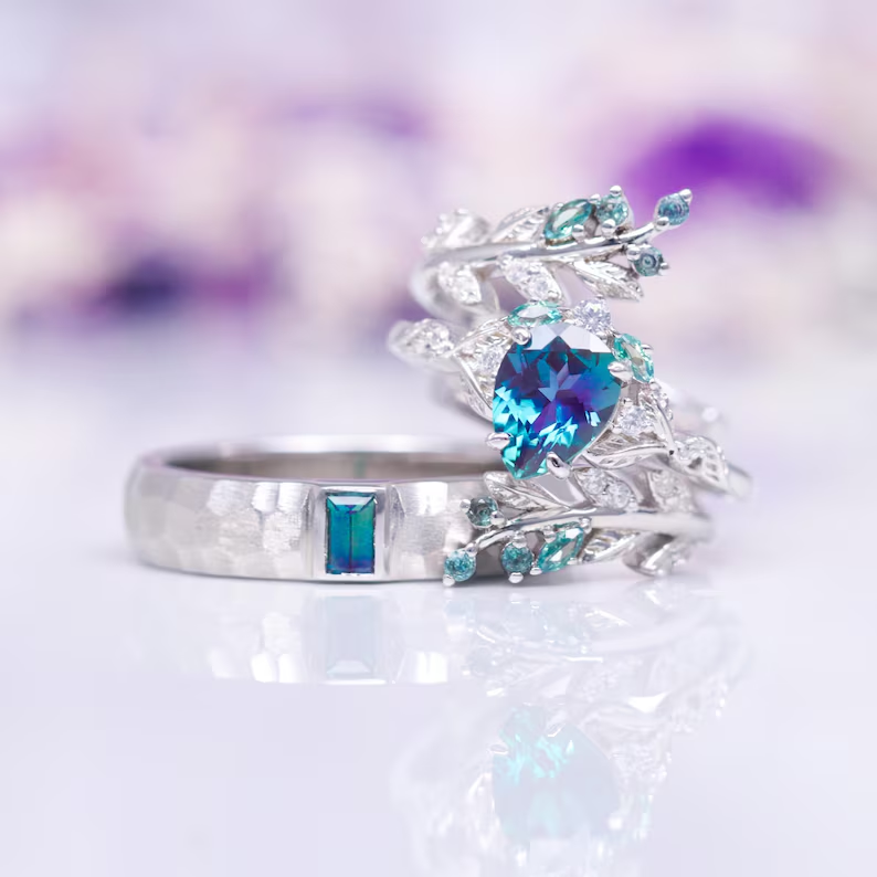 Wisteria Alexandrite Leaf Aquamarise Engagement Ring Set- Sterling