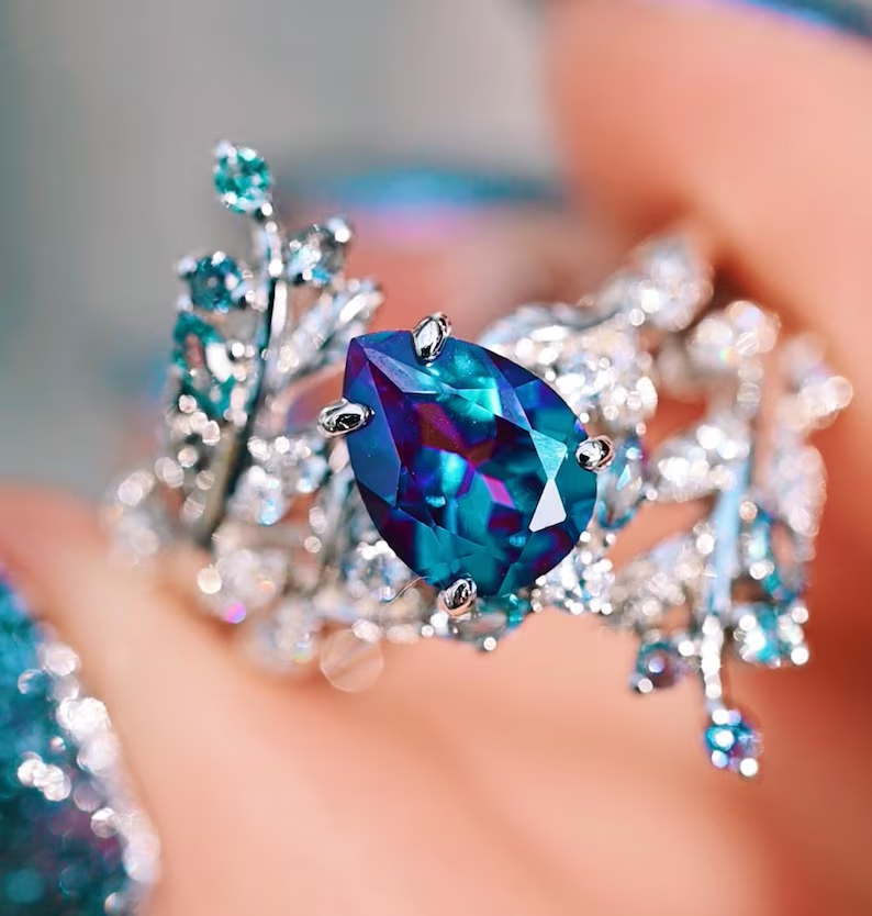 Wisteria Alexandrite Leaf Aquamarise Engagement Ring Set- Sterling