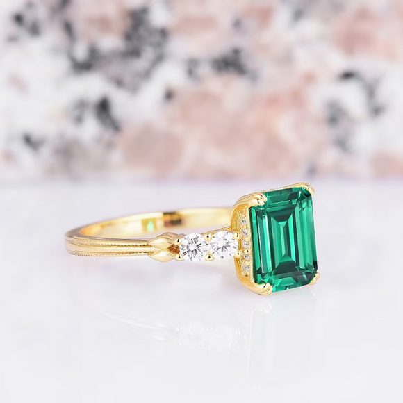 Vintage Emerald Aquamarise Gold Ring For Women- 14K Gold Vermeil