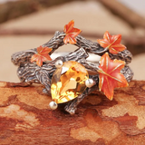 Natural Pear Moss Agate Ring Set Unique Green Moss Agate Tree Branch Ring Twig and Leaf Ring Maple Leaf Ring Agate Leaf Engagement Ring（副本）
