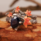 Natural Blue Sandstone Maple Leaf engagement ring Set Leaf Branch Sadnstone stone Ring Maple Leaf Sterling Silver Ring Pear Sandstone ring