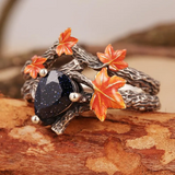 Natural Blue Sandstone Maple Leaf engagement ring Set Leaf Branch Sadnstone stone Ring Maple Leaf Sterling Silver Ring Pear Sandstone ring