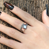 Natural Moonstone Ring Set, Pear Cut Engagement Ring,Twig and Maple Leaf Moss Agate Ring Wedding Ring Promise Ring Gift for her
