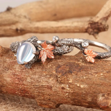 Natural Moonstone Ring Set, Pear Cut Engagement Ring,Twig and Maple Leaf Moss Agate Ring Wedding Ring Promise Ring Gift for her