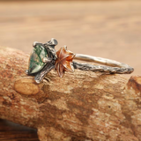 Custom Natural Moss agate branch engagement ring,vine Gemstone Ring, maple leaf sterling silver ring,unique Handmade vine ring ，Gift for her