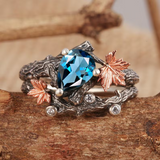Natural Pear Moss Agate Ring Set Unique Green Moss Agate Tree Branch Ring Twig and Leaf Ring Maple Leaf Ring Agate Leaf Engagement Ring