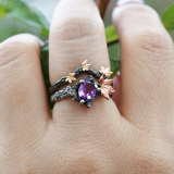 Natural Amethyst Maple Leaf engagement ring Set Leaf Branch Amethyst Gemstone Ring Maple Leaf Sterling Silver Ring Unique Pear Amethyst ring
