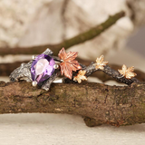 Natural Amethyst Maple Leaf engagement ring Set Leaf Branch Amethyst Gemstone Ring Maple Leaf Sterling Silver Ring Unique Pear Amethyst ring