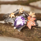 Natural Amethyst Maple Leaf engagement ring Set Leaf Branch Amethyst Gemstone Ring Maple Leaf Sterling Silver Ring Unique Pear Amethyst ring