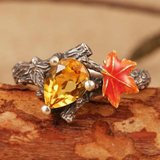 Natural Amethyst Maple Leaf engagement ring Set Leaf Branch Amethyst Gemstone Ring Maple Leaf Sterling Silver Ring Unique Pear Amethyst ring