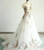 Elegant A-Line 3D Lace Wedding Dress,Light and Flowy Outdoor Wedding Gown with Blush Flower Embroidery and Deep V Neckline