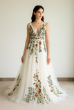 Colorful Flora Lace Wedding Dress,A-Line Bridal Party Dress with Dark Red and Green Embroidery, Forest wedding Gown with Deep V neckline