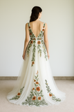 Colorful Flora Lace Wedding Dress,A-Line Bridal Party Dress with Dark Red and Green Embroidery, Forest wedding Gown with Deep V neckline