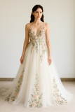 Elegant A-Line 3D Lace Wedding Dress,Light and Flowy Outdoor Wedding Gown with Blush Flower Embroidery and Deep V Neckline