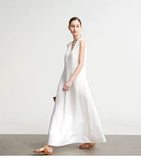 White Linen Summer Women Dresses Short Sleeve Long Loose Women Dresses 17292