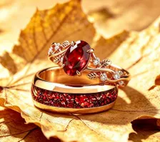 Rose Gold Couple Rings Set,Couples Ring Set,His and Hers Matching Wedding Band, Women Garnet Leaf Ring,Tungsten Couples Ring
