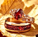 Rose Gold Couple Rings Set,Couples Ring Set,His and Hers Matching Wedding Band, Women Garnet Leaf Ring,Tungsten Couples Ring
