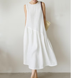 White Linen Summer Women Dresses Short Sleeve Long Loose Women Dresses 17292