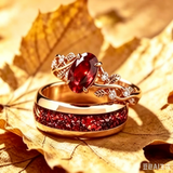 Rose Gold Couple Rings Set,Couples Ring Set,His and Hers Matching Wedding Band, Women Garnet Leaf Ring,Tungsten Couples Ring