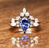 Rose Gold Plated Silver Galaxy Couple Ring Set, Pear Cut Blue Sapphire Engagement Ring & Purple Blue Crushed Inlay Tungsten Wedding Band