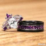 Purple Amethyst Engagement Ring Set with Black Tungsten Band, Silver Bridal Ring Set with Purple Galaxy Inlay, Promise Ring for Her & Him