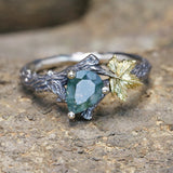 Natural Pear Moss Agate Ring Set Unique Green Moss Agate Tree Branch Ring Twig and Leaf Ring Maple Leaf Ring Agate Leaf Engagement Ring