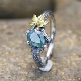 Natural Pear Moss Agate Ring Set Unique Green Moss Agate Tree Branch Ring Twig and Leaf Ring Maple Leaf Ring Agate Leaf Engagement Ring