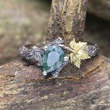 Natural Pear Moss Agate Ring Set Unique Green Moss Agate Tree Branch Ring Twig and Leaf Ring Maple Leaf Ring Agate Leaf Engagement Ring