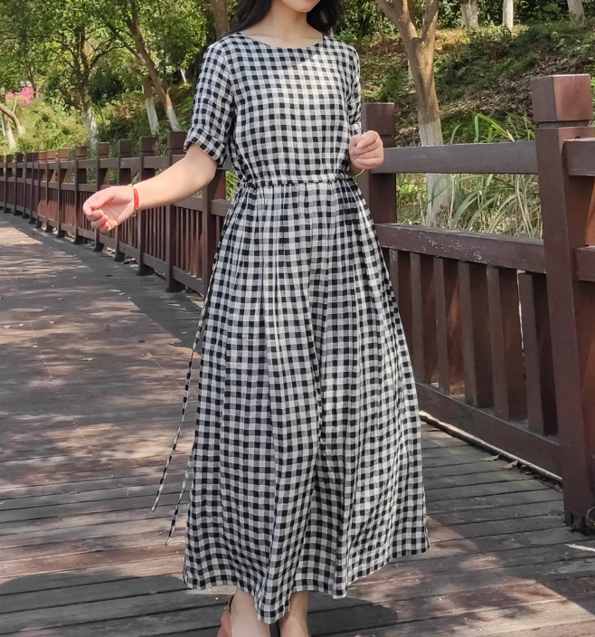 Black Gingham Midi Dress with Waist Tie, A-Line Long Dress 6632 – SimpleLinenLife Black Gingham Midi Dress with Waist Tie, A-Line Long Dress 6632 – SimpleLinenLife