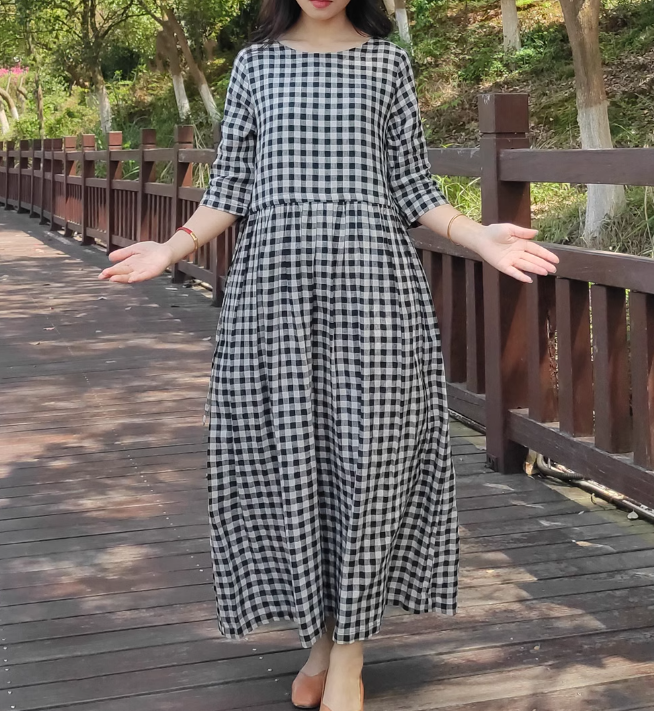 Black Gingham Midi Dress with Waist Tie, A-Line Long Dress 6632 SimpleLinenLife Black Gingham Midi Dress with Waist Tie, A-Line Long Dress 6632 SimpleLinenLife