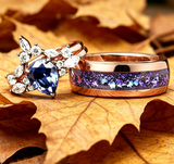 Rose Gold Plated Silver Galaxy Couple Ring Set, Pear Cut Blue Sapphire Engagement Ring & Purple Blue Crushed Inlay Tungsten Wedding Band