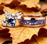 Rose Gold Plated Silver Galaxy Couple Ring Set, Pear Cut Blue Sapphire Engagement Ring & Purple Blue Crushed Inlay Tungsten Wedding Band
