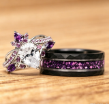 Purple Amethyst Engagement Ring Set with Black Tungsten Band, Silver Bridal Ring Set with Purple Galaxy Inlay, Promise Ring for Her & Him