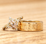 Champagne Moissanite Lotus Couples Ring Set ,Fairy Fantasy Ring,Hammered Gold Tungsten Wedding Band,Engagement Wedding Rings