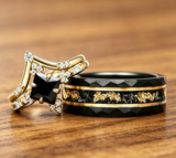 Black Onyx & Meteorite Gold Couples Ring,His and Hers Wedding Band,Unique Vintage Promise Ring