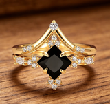 Black Onyx & Meteorite Gold Couples Ring,His and Hers Wedding Band,Unique Vintage Promise Ring