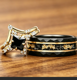 Black Onyx & Meteorite Gold Couples Ring,His and Hers Wedding Band,Unique Vintage Promise Ring