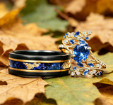 Blue Sapphire Couple Ring Set, Branch Design Engagement Ring & Tungsten Wedding Band, His And Hers Matching Wedding Rings