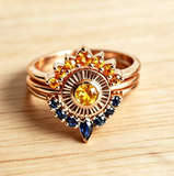 Sun & Moon Rose Gold Ring Set, Yellow Citrine Blue Sapphire Stacking Engagement Ring, Celestial Bridal Promise Ring For Women