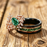 Rose Gold Couple Rings Set,Couples Ring Set,His and Hers Matching Wedding Band, Women Garnet Leaf Ring,Tungsten Couples Ring