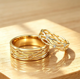 Yellow Gold Plated Personalized His and Hers Celtic Wedding Ring Set,Carved Engraved Couple Ring Set,Couple Ring Set, Matching Ring Set