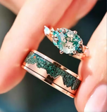 Nesta Moss Agate Couples Ring Set, His and Hers Rose Gold Wedding Bands His and Hers Matching Wedding Bands,Galaxy Inspired Couples Rings,Unique Cosmos Promise Rings
